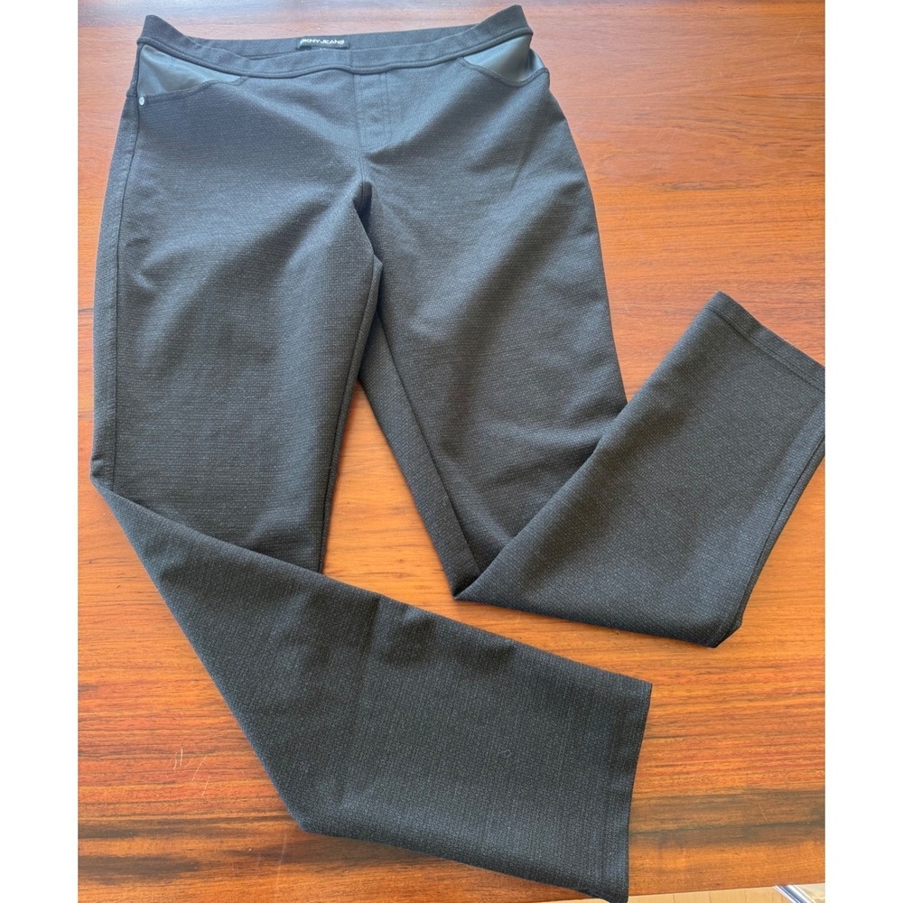 DKNY Jeans Pull-On Ponte Knit Pants Wmn L Black Faux Leather Pocket Trim Stretch